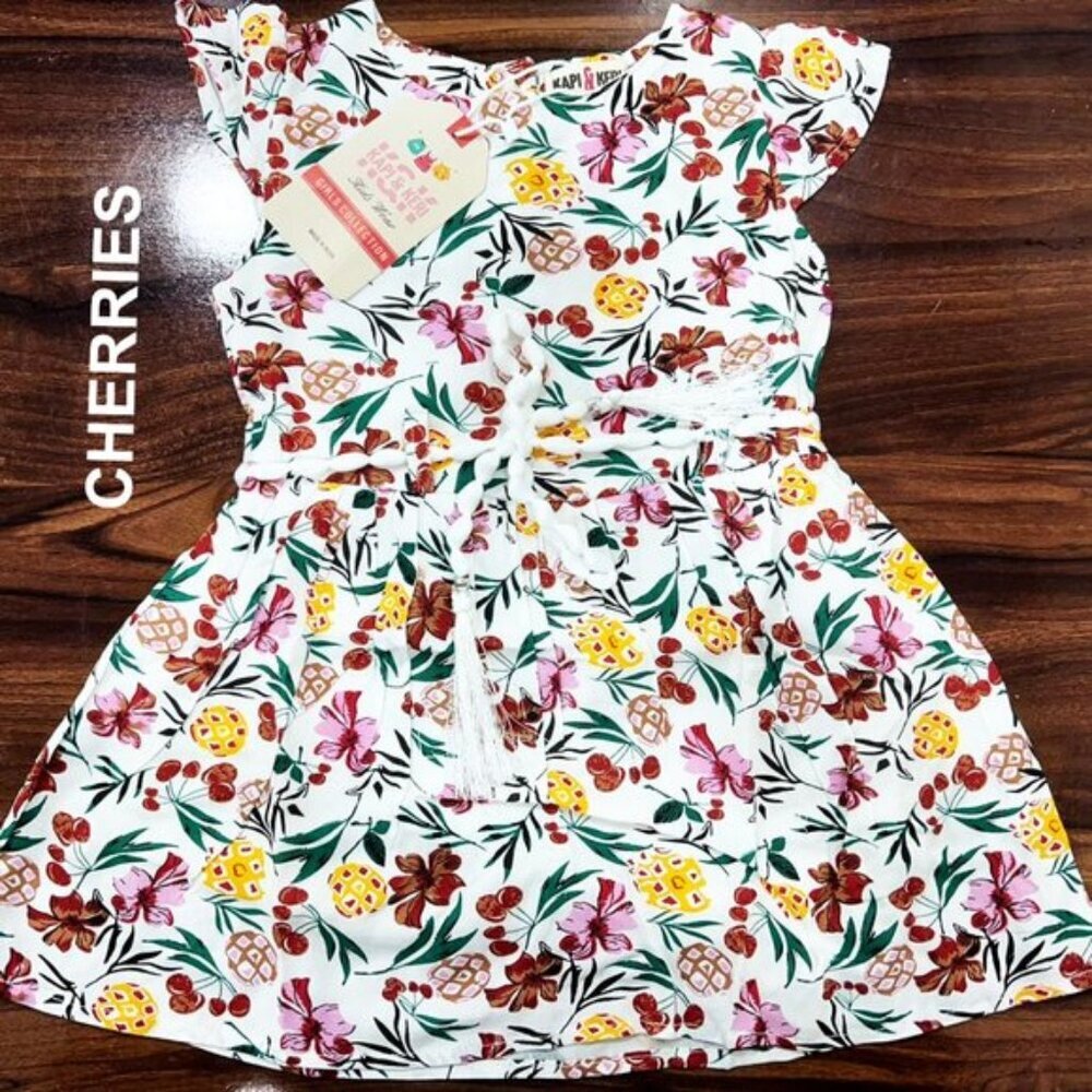 NWT Beautiful Cherries Printed Woven Dress with Tie Super Soft Cotton flutter